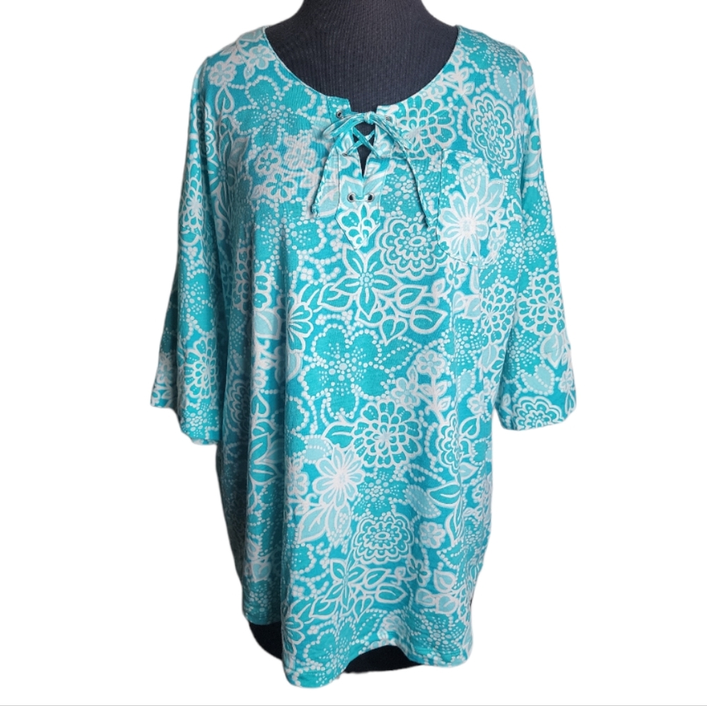 Studio Works women's 1X floral print lace up scoop neck 3/4 sleeve plus size top